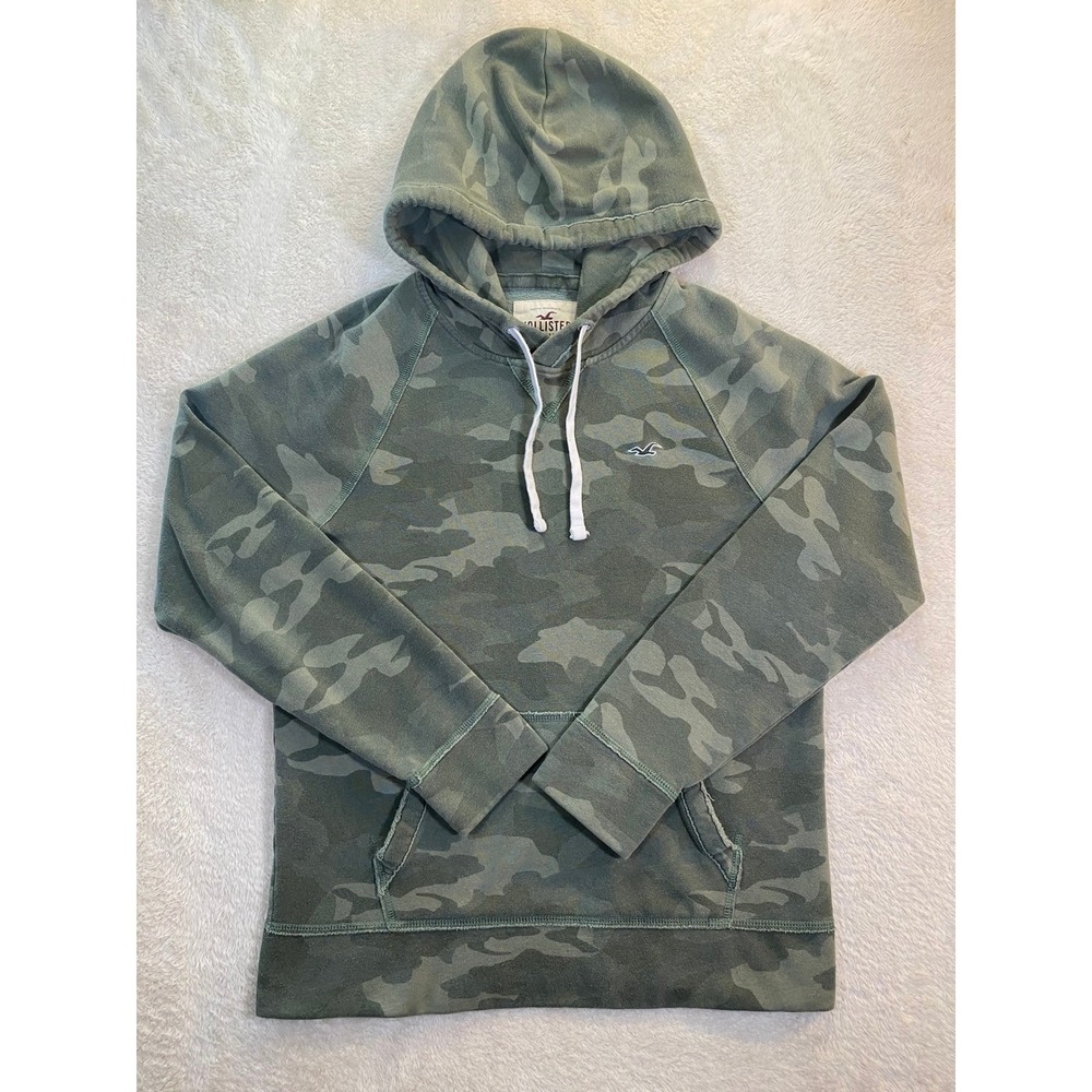Hollister Mens Camo Pullover Hoodie Green Camouflage Fleece Sweatshirt Size M